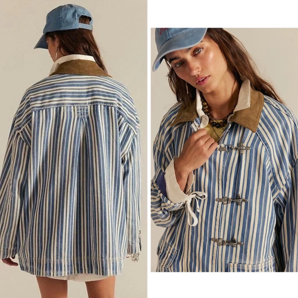 Free People Blue Striped Denim Barn‎ Coat Jacket Corduroy Collar Small